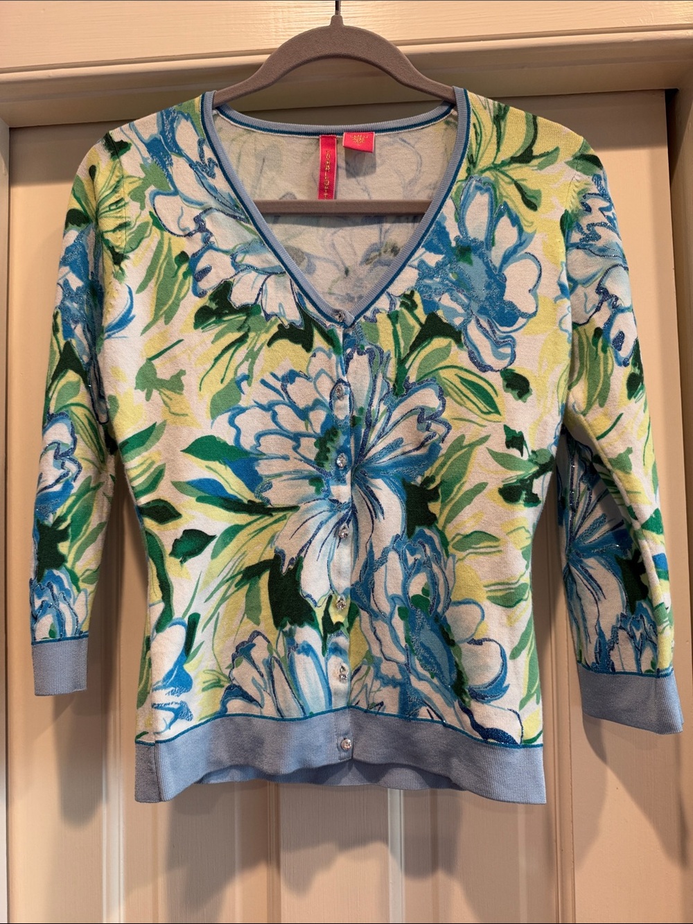 Charlotte Tarantola Blue and Green Floral V-Neck Button Cardigan